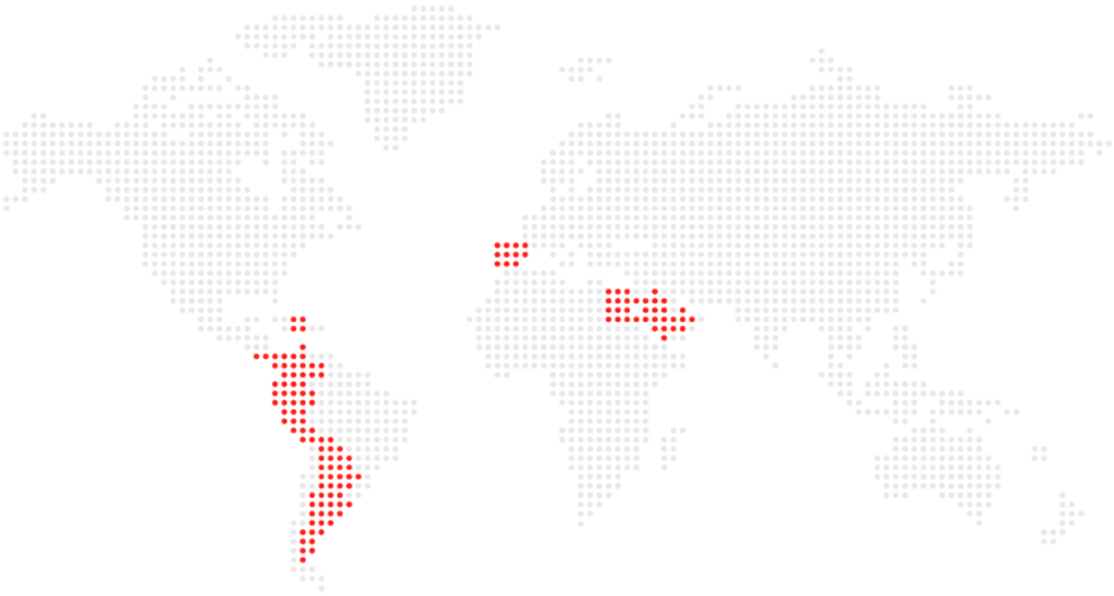 Mapa punteado con los países donde existen delegaciones de Smartlog Group resaltados en color rojo
